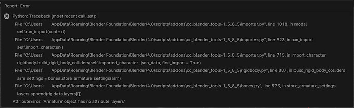 blender error message when importin character